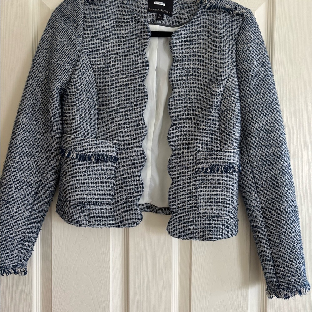 Banana Republic Navy Scalloped Tweed Blazer